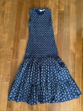 Veronica Beard Navy and White Verena Floral Smocked Fit-and-Flare Midi Dress
